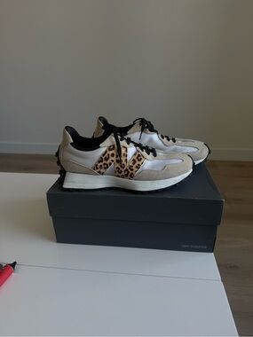 New Balance 327, White, Black & Leopard Print Sneakers